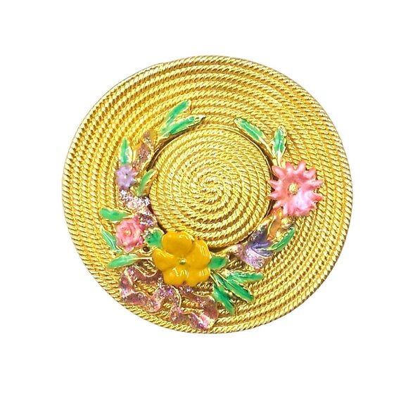 Vintage AJC Large Hat Brooch with Enamel Spring Flowers, Gold Tone Rope Coil - Picture 1 of 4